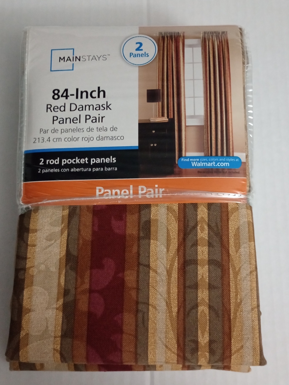 Mainstays 84 Inch Red Damask Striped Curtain Rod Pocket Panel Pair